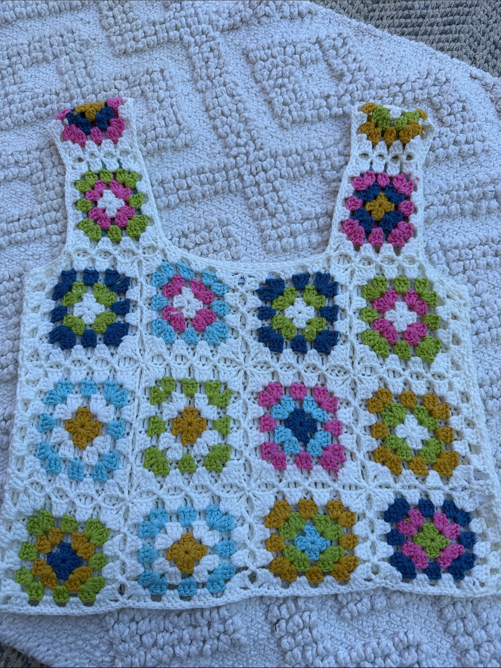 Boho White Crochet Granny Square Tank with Multicolor Accents